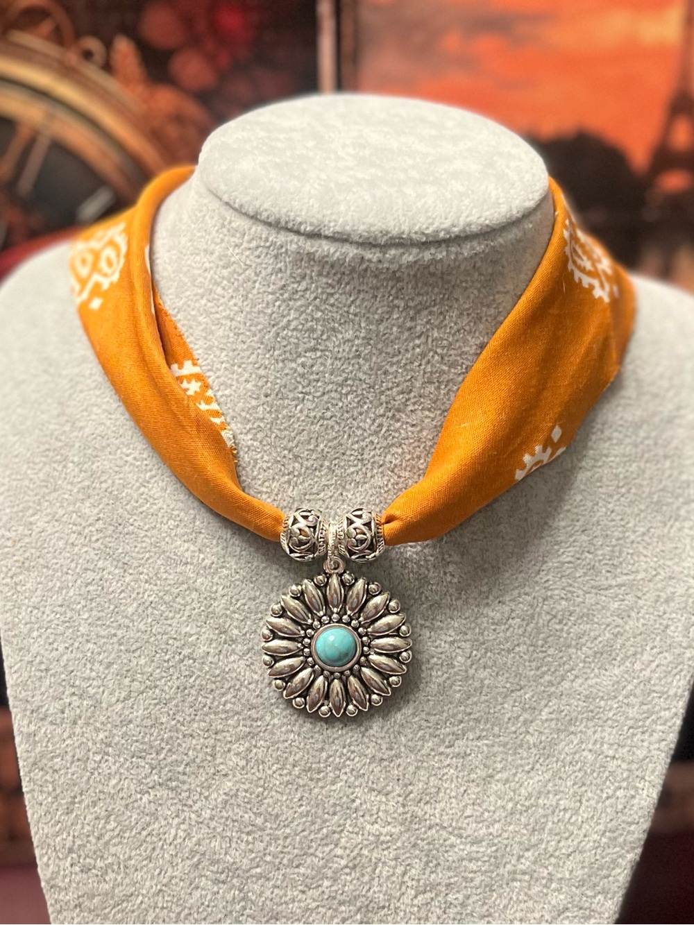 Boho Bandana Choker Terracotta & Turquoise Southwest Pendant, 25”